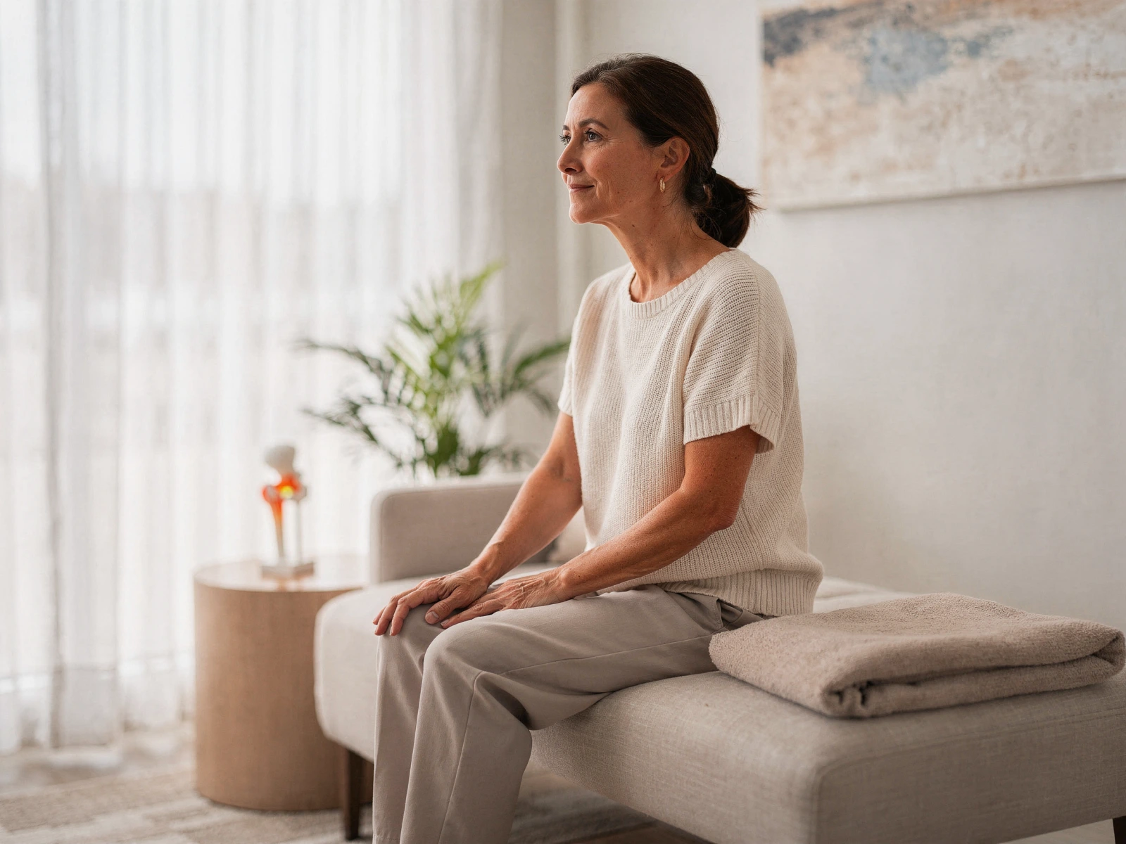 Woman sitting on an examination table in a bright clinic room with plants and natural light